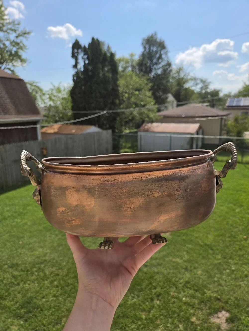 Vintage Copper Jardiniere Lion Head Handles Paw Feet, Oval Planter, French Garde